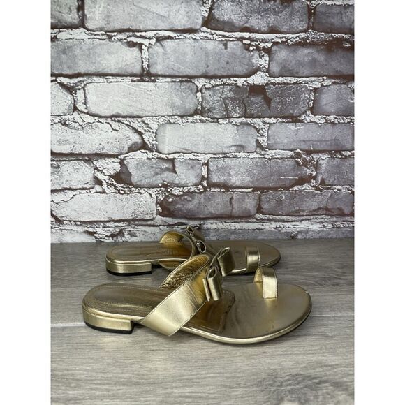 Salvatore Ferragamo Gold Leather Bow Slides Flat Sandals Women’s Sz 5.5M US/36EU - Picture 6 of 16